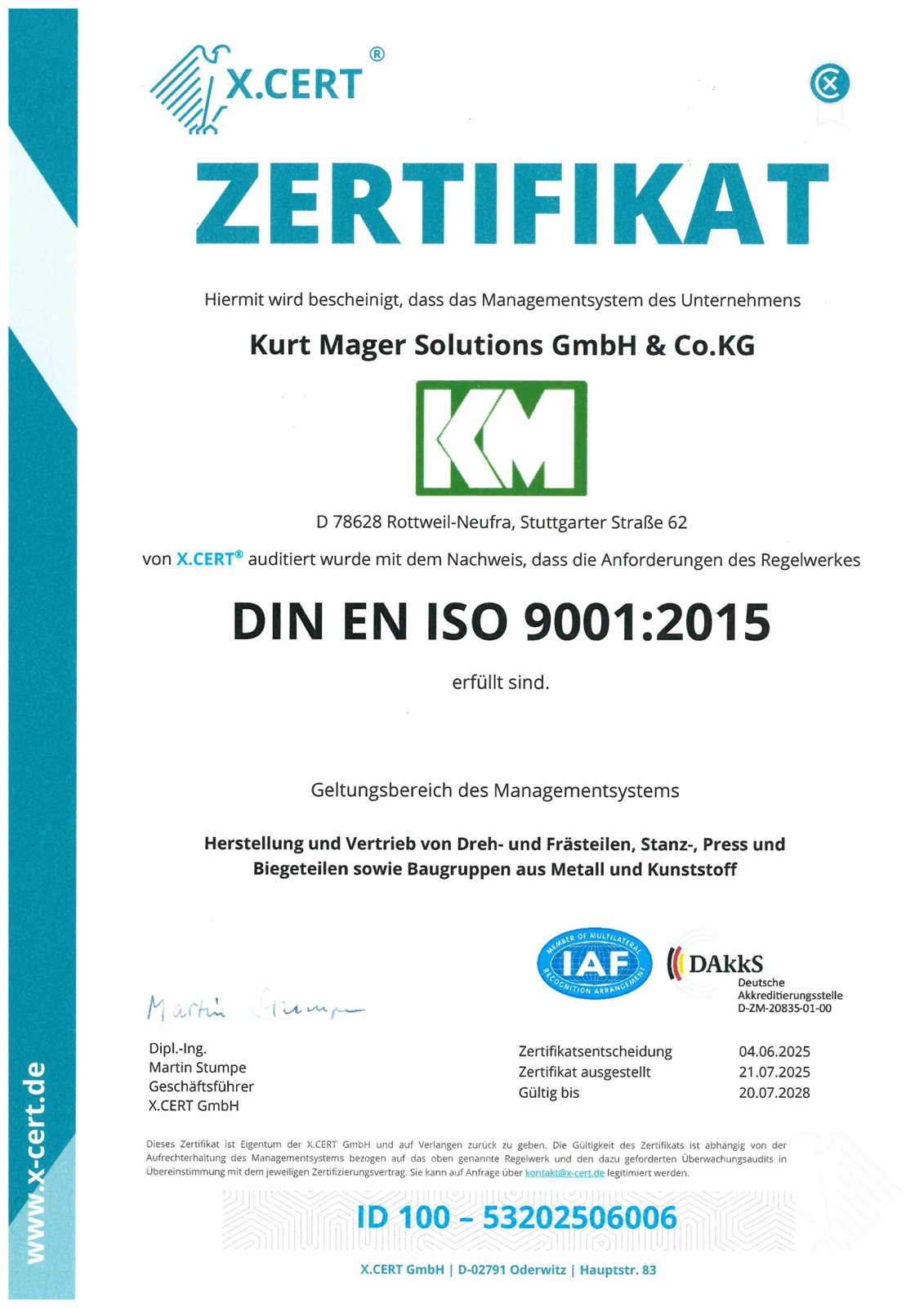 DIN EN ISO 9001:2015 Zertifikat – Kurt Mager Solutions GmbH & Co. KG
